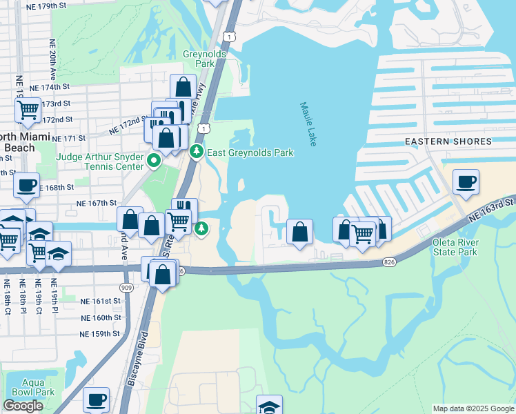 map of restaurants, bars, coffee shops, grocery stores, and more near 16518 Northeast 26th Avenue in North Miami Beach