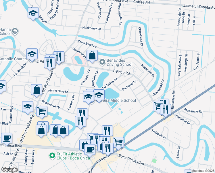 map of restaurants, bars, coffee shops, grocery stores, and more near 548 Land-O-Lakes Drive in Brownsville