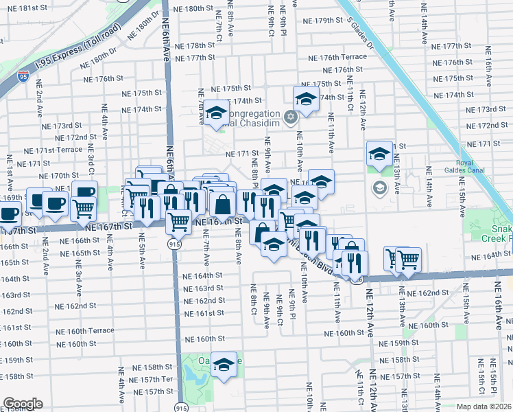 map of restaurants, bars, coffee shops, grocery stores, and more near 16740 Northeast 9th Avenue in Miami