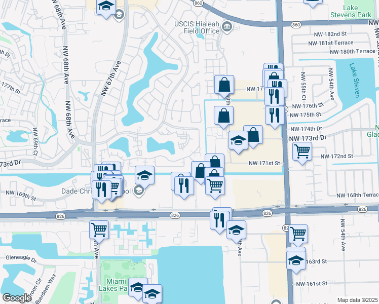 map of restaurants, bars, coffee shops, grocery stores, and more near 17084 Northwest 60th Court in Hialeah