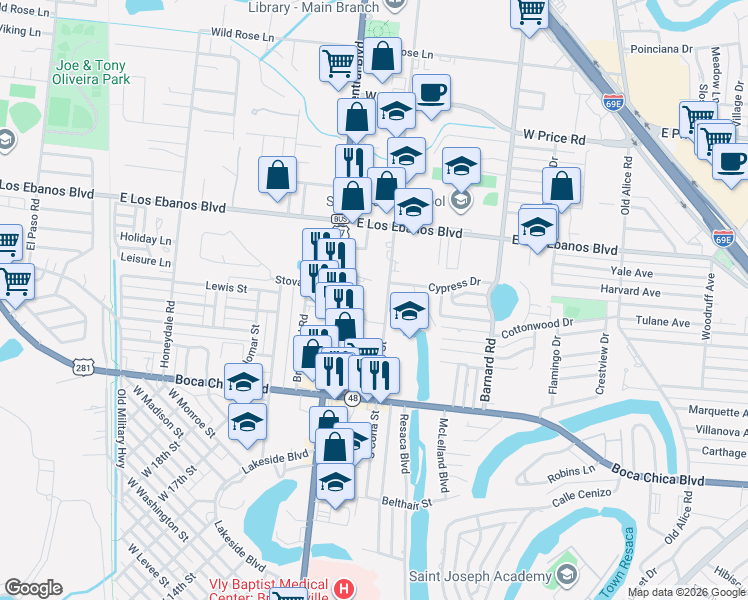 map of restaurants, bars, coffee shops, grocery stores, and more near 835 Hackberry Court in Brownsville
