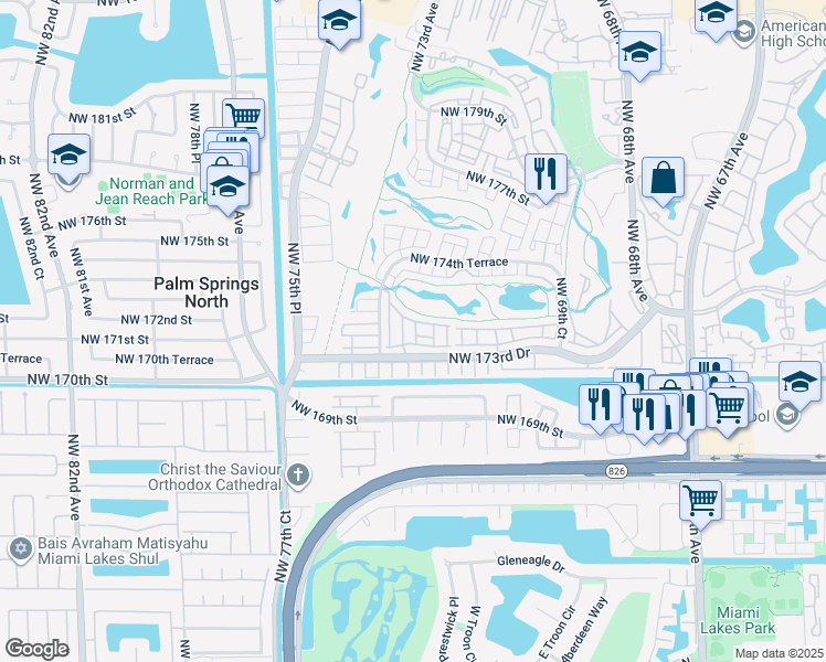 map of restaurants, bars, coffee shops, grocery stores, and more near 7375 Northwest 173rd Drive in Hialeah