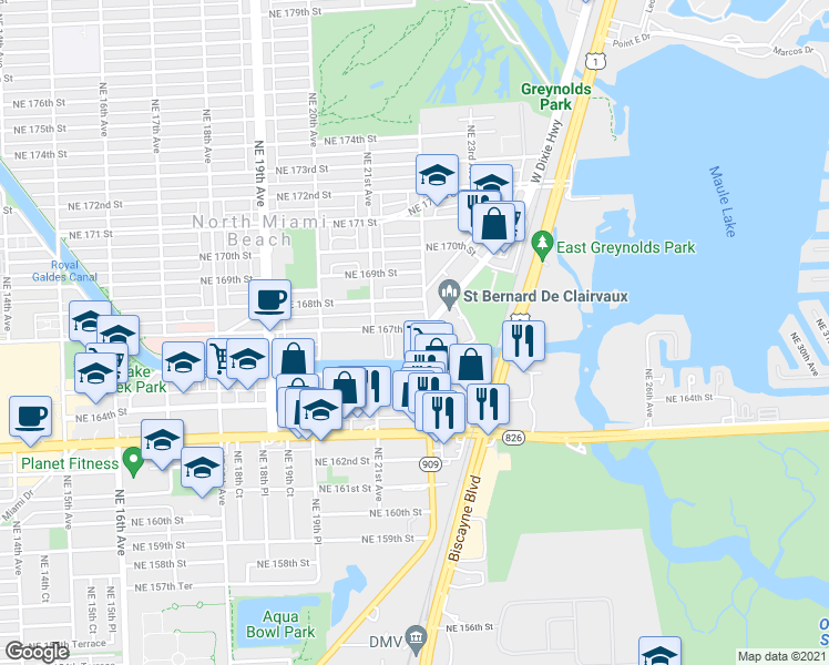 map of restaurants, bars, coffee shops, grocery stores, and more near 2176 Northeast 167th Street in North Miami Beach