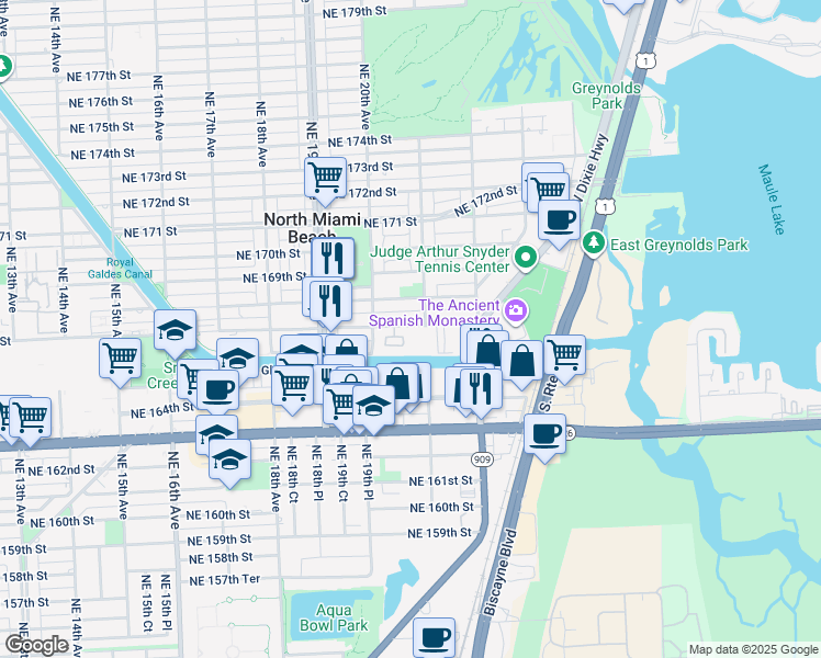 map of restaurants, bars, coffee shops, grocery stores, and more near 2080 Northeast 167th Street in North Miami Beach