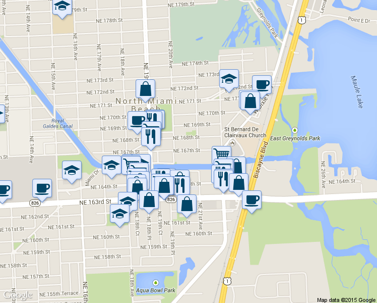 map of restaurants, bars, coffee shops, grocery stores, and more near 2080 Northeast 167th Street in North Miami Beach