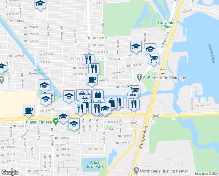 map of restaurants, bars, coffee shops, grocery stores, and more near 16651 Northeast 20th Avenue in North Miami Beach