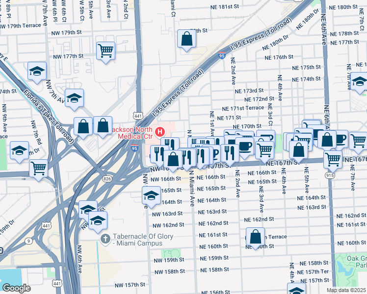 map of restaurants, bars, coffee shops, grocery stores, and more near 16798 North Miami Avenue in North Miami Beach