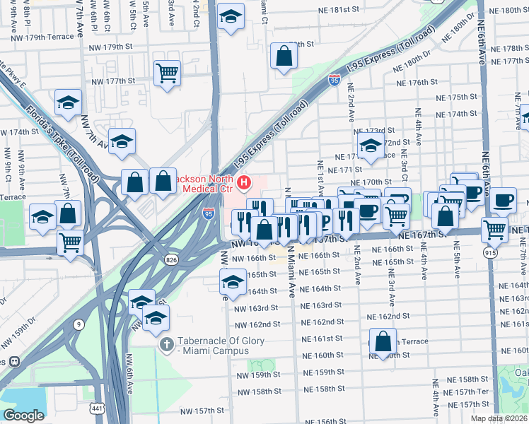 map of restaurants, bars, coffee shops, grocery stores, and more near 85 Northwest 168th Street in North Miami Beach