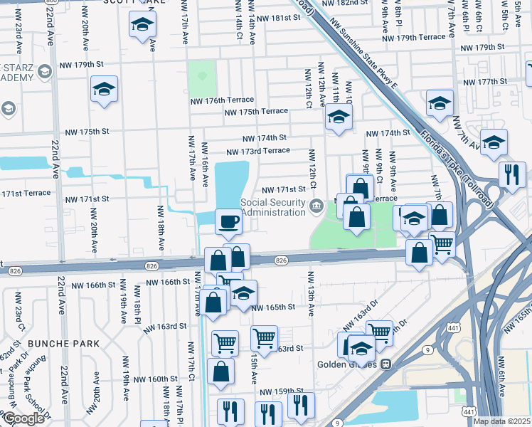 map of restaurants, bars, coffee shops, grocery stores, and more near 16841 Northwest 14th Avenue in Miami