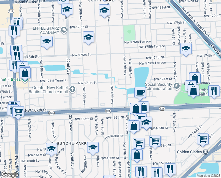 map of restaurants, bars, coffee shops, grocery stores, and more near 16925 Northwest 18th Avenue in Miami Gardens