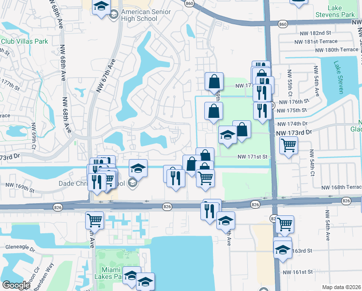 map of restaurants, bars, coffee shops, grocery stores, and more near 17084 Northwest 60th Court in Hialeah