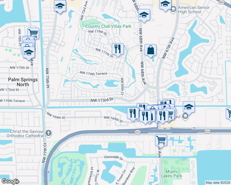 map of restaurants, bars, coffee shops, grocery stores, and more near 7045 Northwest 173rd Drive in Hialeah