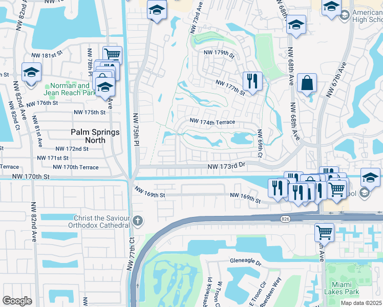 map of restaurants, bars, coffee shops, grocery stores, and more near 7375 Northwest 173rd Drive in Hialeah