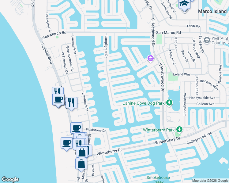 map of restaurants, bars, coffee shops, grocery stores, and more near 349 Lamplighter Drive in Marco Island