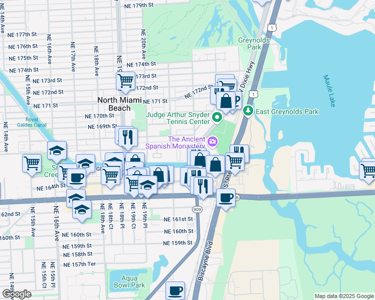 map of restaurants, bars, coffee shops, grocery stores, and more near 2176 Northeast 167th Street in North Miami Beach