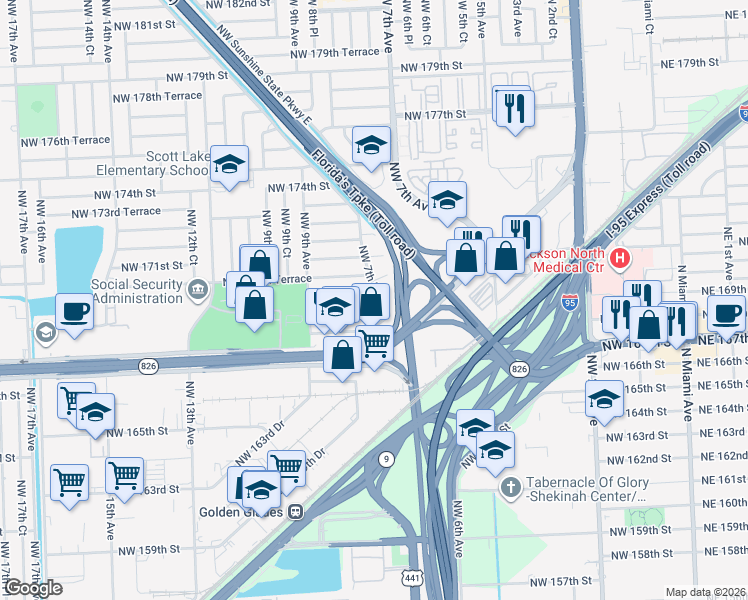 map of restaurants, bars, coffee shops, grocery stores, and more near 750 Northwest 168th Drive in Miami