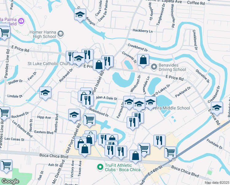 map of restaurants, bars, coffee shops, grocery stores, and more near 550-598 Sir Richard Drive in Brownsville