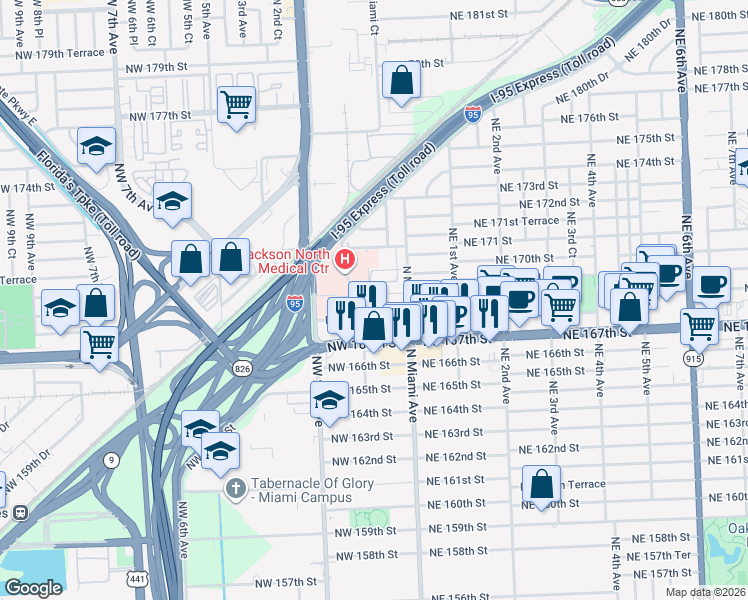 map of restaurants, bars, coffee shops, grocery stores, and more near 85 Northwest 168th Street in North Miami Beach