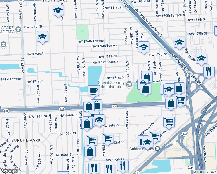 map of restaurants, bars, coffee shops, grocery stores, and more near 16841 Northwest 14th Avenue in Miami