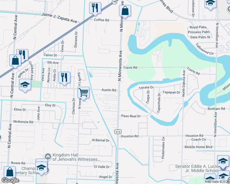 map of restaurants, bars, coffee shops, grocery stores, and more near 1129 North Minnesota Avenue in Brownsville