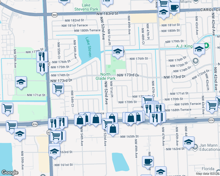 map of restaurants, bars, coffee shops, grocery stores, and more near 17120 Northwest 51st Place in Miami Gardens