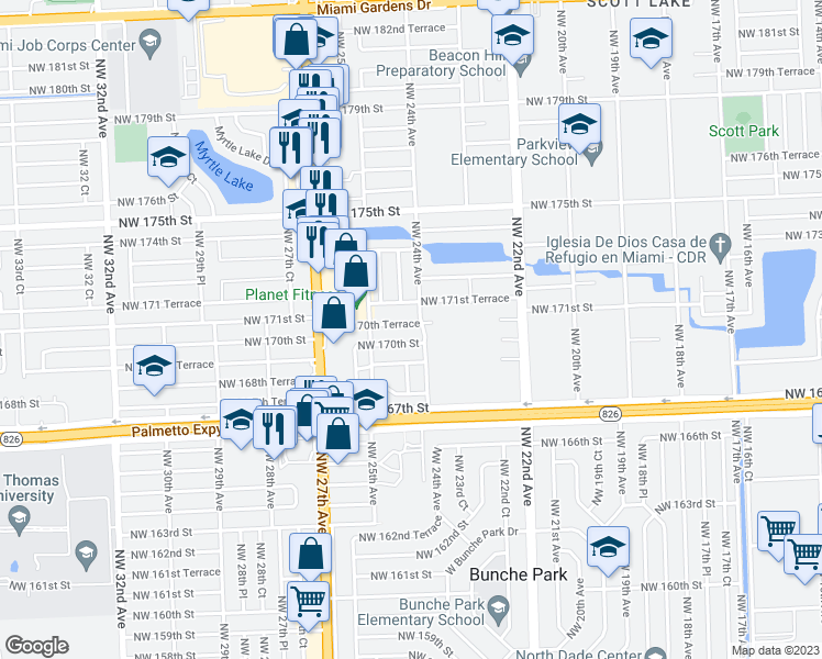 map of restaurants, bars, coffee shops, grocery stores, and more near 2410 Northwest 170th Terrace in Miami Gardens