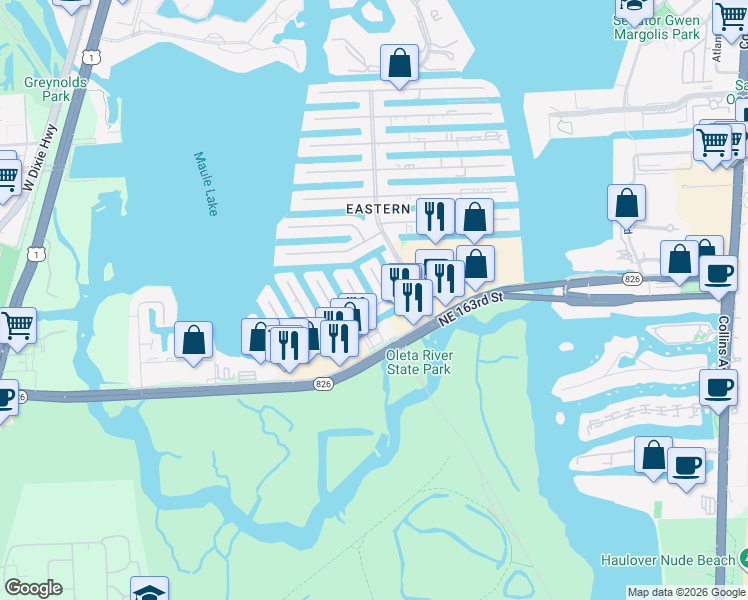 map of restaurants, bars, coffee shops, grocery stores, and more near 3300 Northeast 164th Street in North Miami Beach