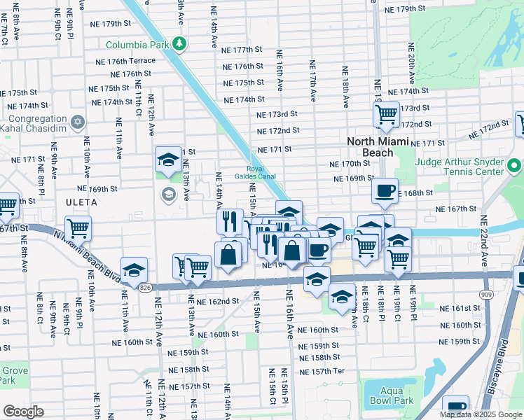 map of restaurants, bars, coffee shops, grocery stores, and more near in North Miami Beach