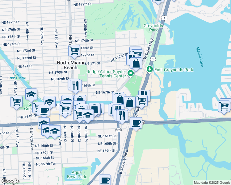 map of restaurants, bars, coffee shops, grocery stores, and more near 2164 Northeast 167th Street in North Miami Beach