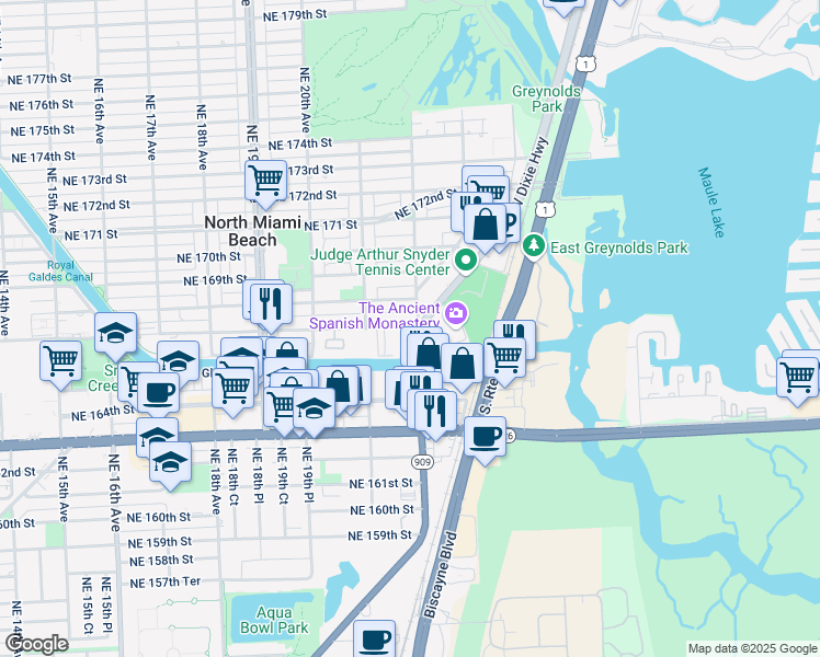 map of restaurants, bars, coffee shops, grocery stores, and more near 2176 Northeast 167th Street in North Miami Beach