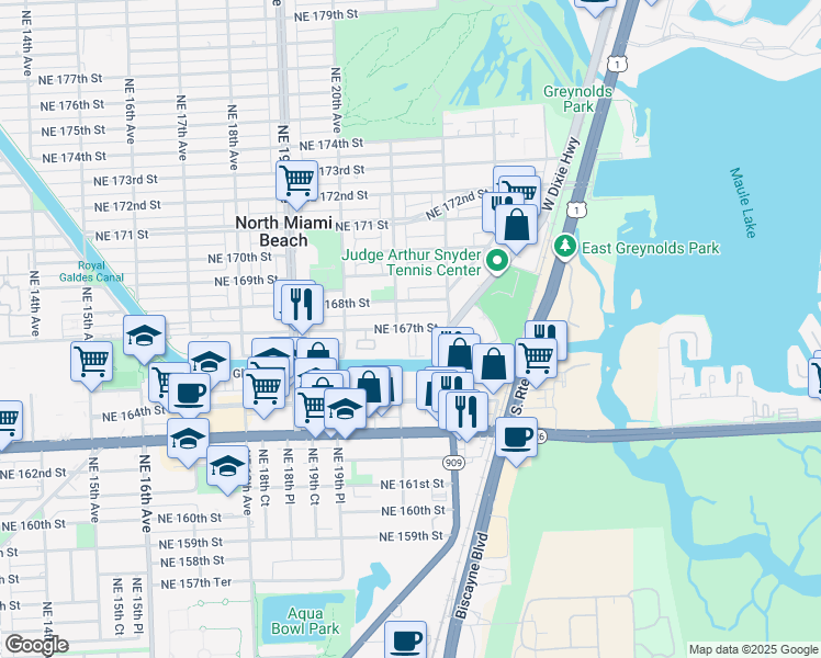 map of restaurants, bars, coffee shops, grocery stores, and more near 2176 Northeast 167th Street in North Miami Beach
