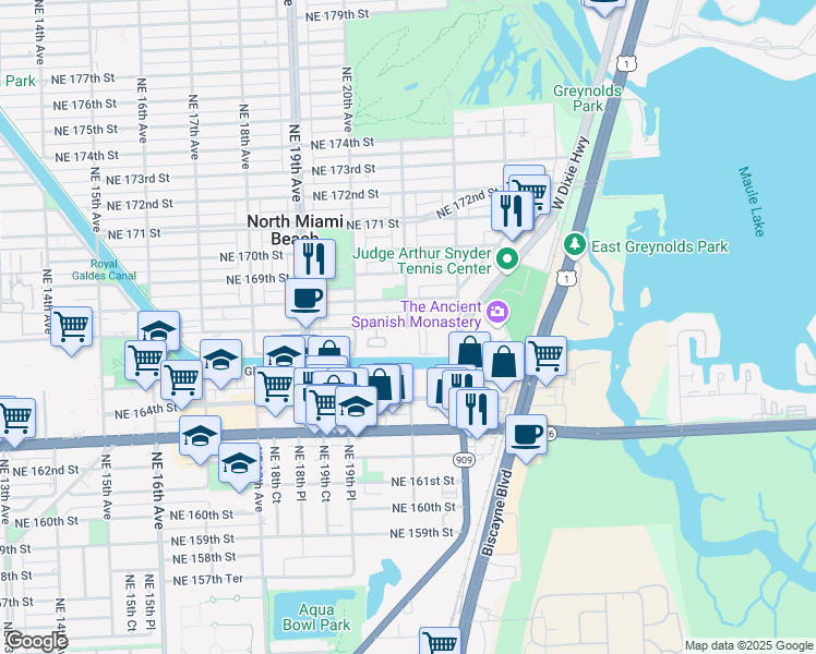 map of restaurants, bars, coffee shops, grocery stores, and more near 2080 Northeast 167th Street in North Miami Beach