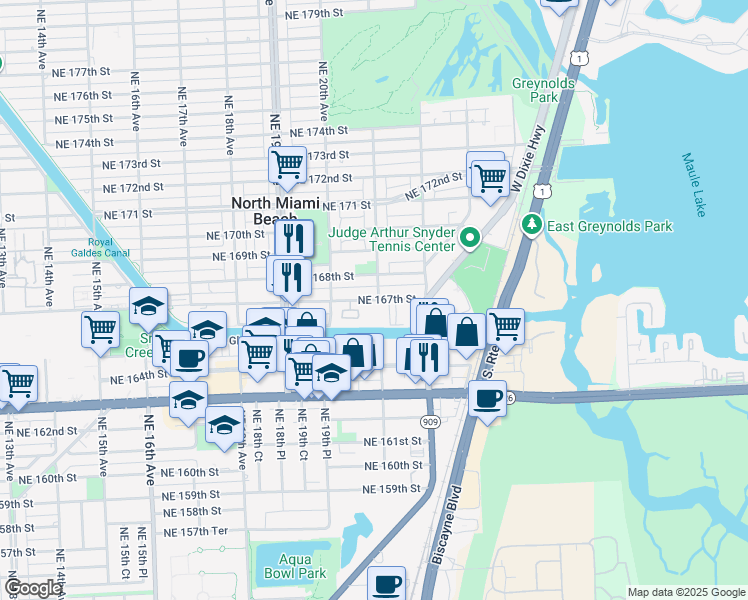 map of restaurants, bars, coffee shops, grocery stores, and more near 2080 Northeast 167th Street in North Miami Beach