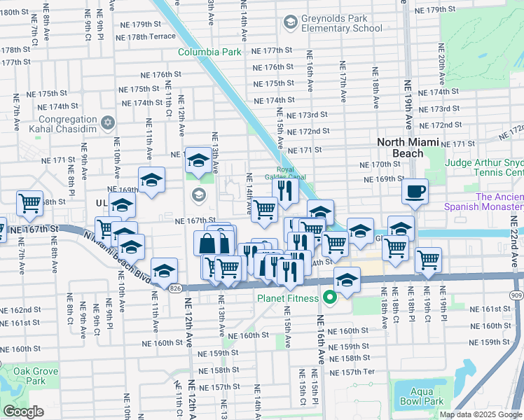map of restaurants, bars, coffee shops, grocery stores, and more near 1425 Northeast 14th Avenue in Miami