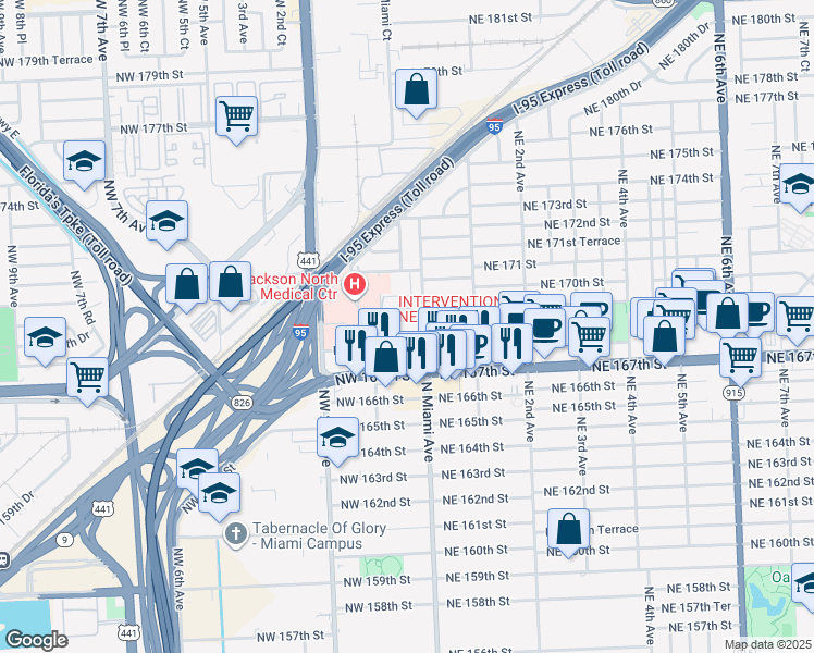 map of restaurants, bars, coffee shops, grocery stores, and more near 16798 North Miami Avenue in North Miami Beach