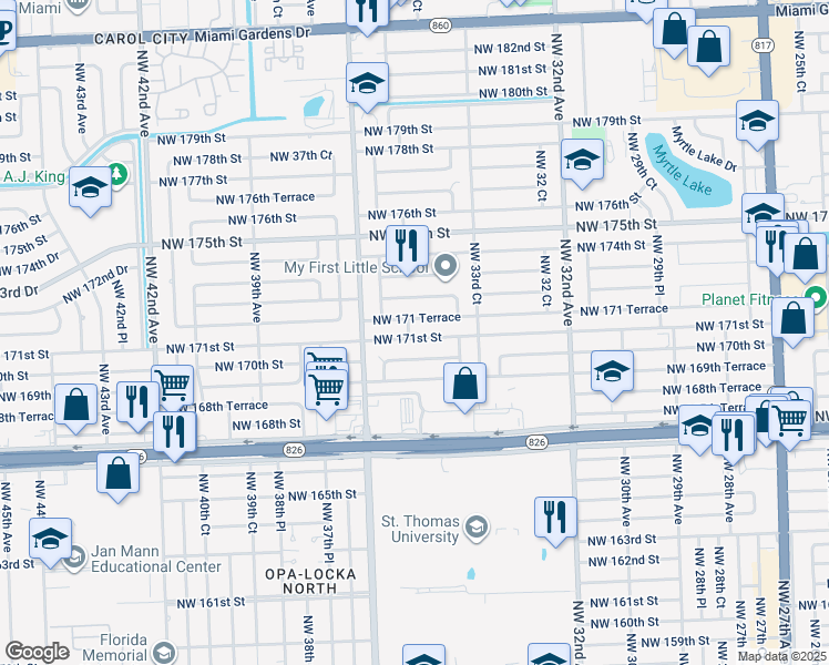 map of restaurants, bars, coffee shops, grocery stores, and more near 3511 Northwest 170th Street in Miami Gardens