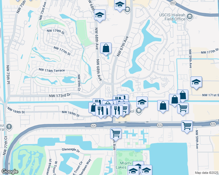 map of restaurants, bars, coffee shops, grocery stores, and more near 17330 Northwest 67th Avenue in Hialeah