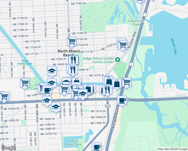 map of restaurants, bars, coffee shops, grocery stores, and more near 2080 Northeast 167th Street in North Miami Beach