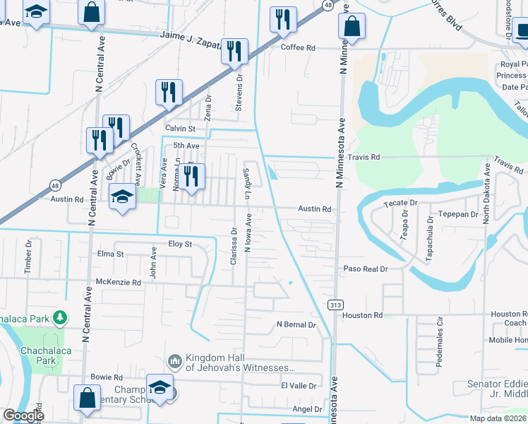 map of restaurants, bars, coffee shops, grocery stores, and more near 925 North Iowa Avenue in Brownsville