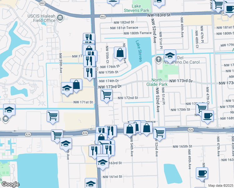 map of restaurants, bars, coffee shops, grocery stores, and more near 5460 Northwest 172nd Street in Miami Gardens