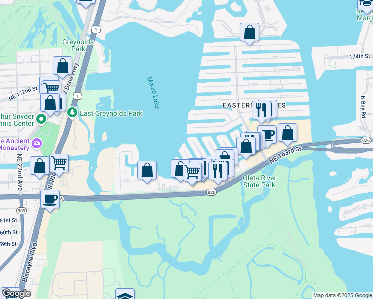 map of restaurants, bars, coffee shops, grocery stores, and more near 16450 Northeast 30th Avenue in North Miami Beach