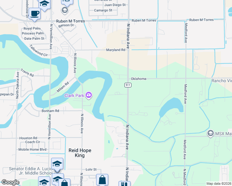 map of restaurants, bars, coffee shops, grocery stores, and more near 1213 North Indiana Avenue in Brownsville