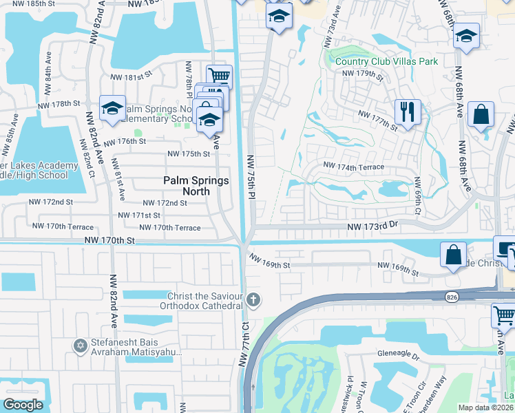 map of restaurants, bars, coffee shops, grocery stores, and more near 17400 Northwest 76th Court in Hialeah