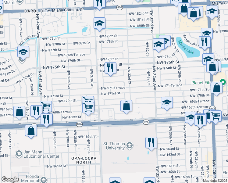 map of restaurants, bars, coffee shops, grocery stores, and more near 3471 Northwest 171 Terrace in Miami Gardens