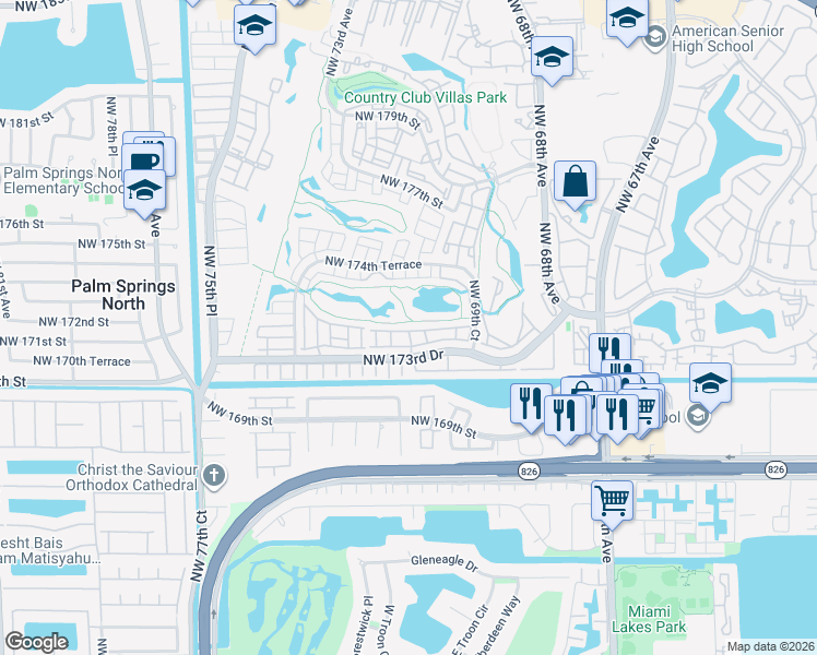 map of restaurants, bars, coffee shops, grocery stores, and more near 7180 Northwest 174th Terrace in Hialeah