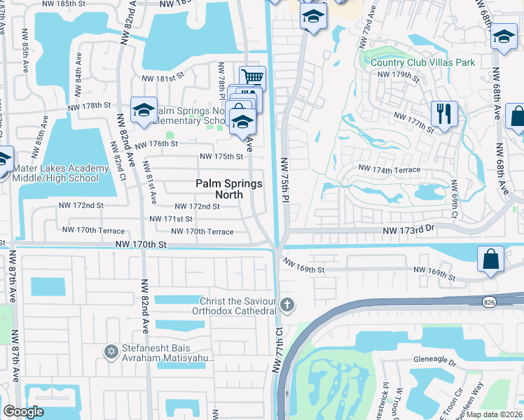map of restaurants, bars, coffee shops, grocery stores, and more near 17200 Northwest 77th Court in Hialeah