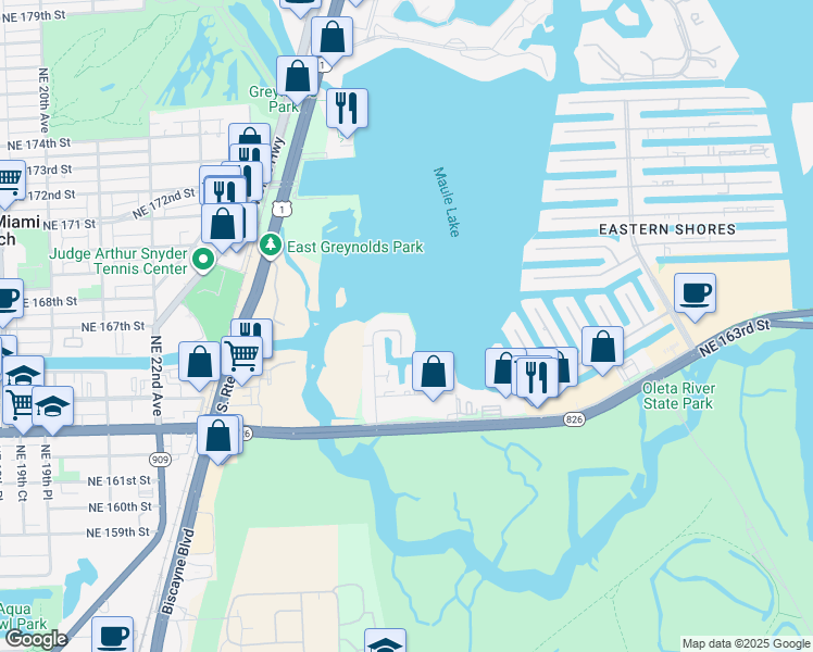 map of restaurants, bars, coffee shops, grocery stores, and more near 16558 Northeast 26th Avenue in North Miami Beach