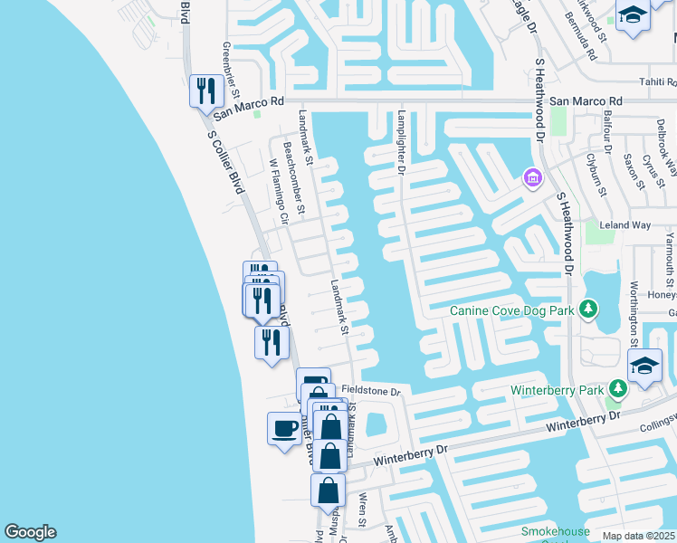 map of restaurants, bars, coffee shops, grocery stores, and more near 339 Landmark Street in Marco Island