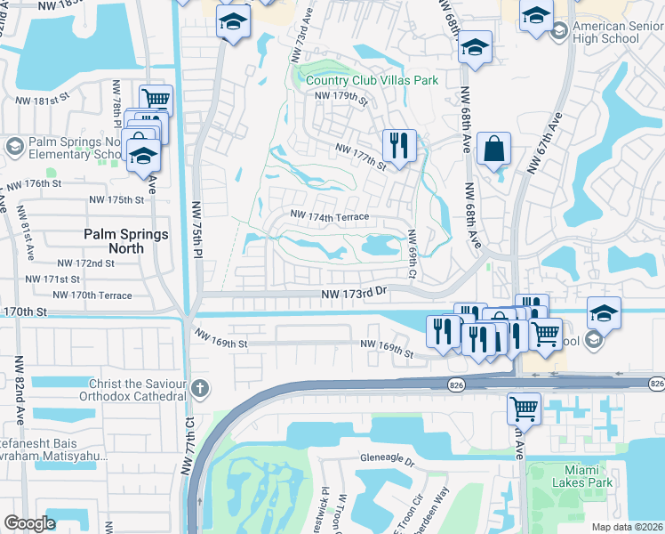 map of restaurants, bars, coffee shops, grocery stores, and more near 7245 Northwest 173rd Drive in Hialeah