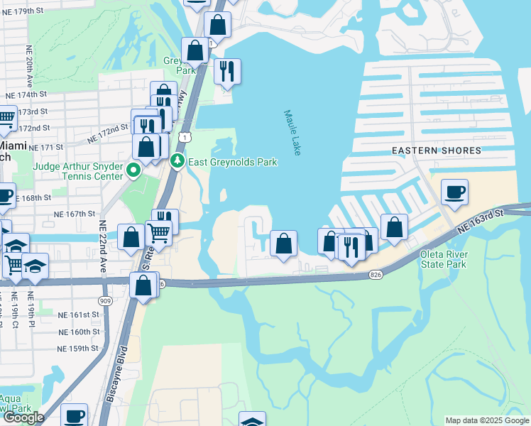 map of restaurants, bars, coffee shops, grocery stores, and more near 16558 Northeast 26th Avenue in North Miami Beach